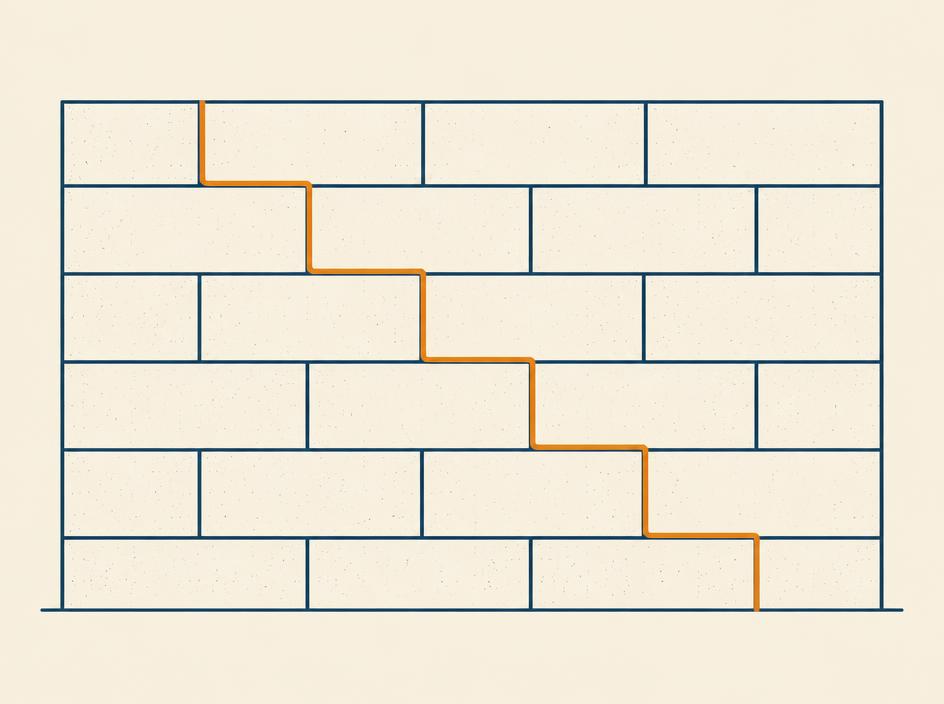 Schéma d'une fissure en escalier suivant les joints d'un mur en blocs
