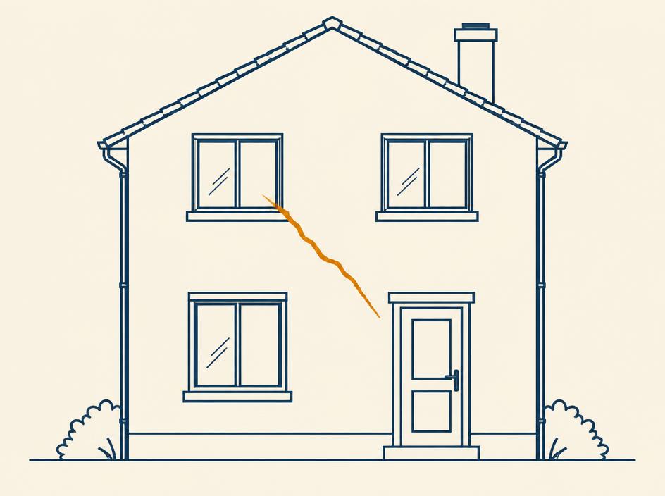 Schéma d'une fissure oblique sur une façade, partant d'un angle de fenêtre
